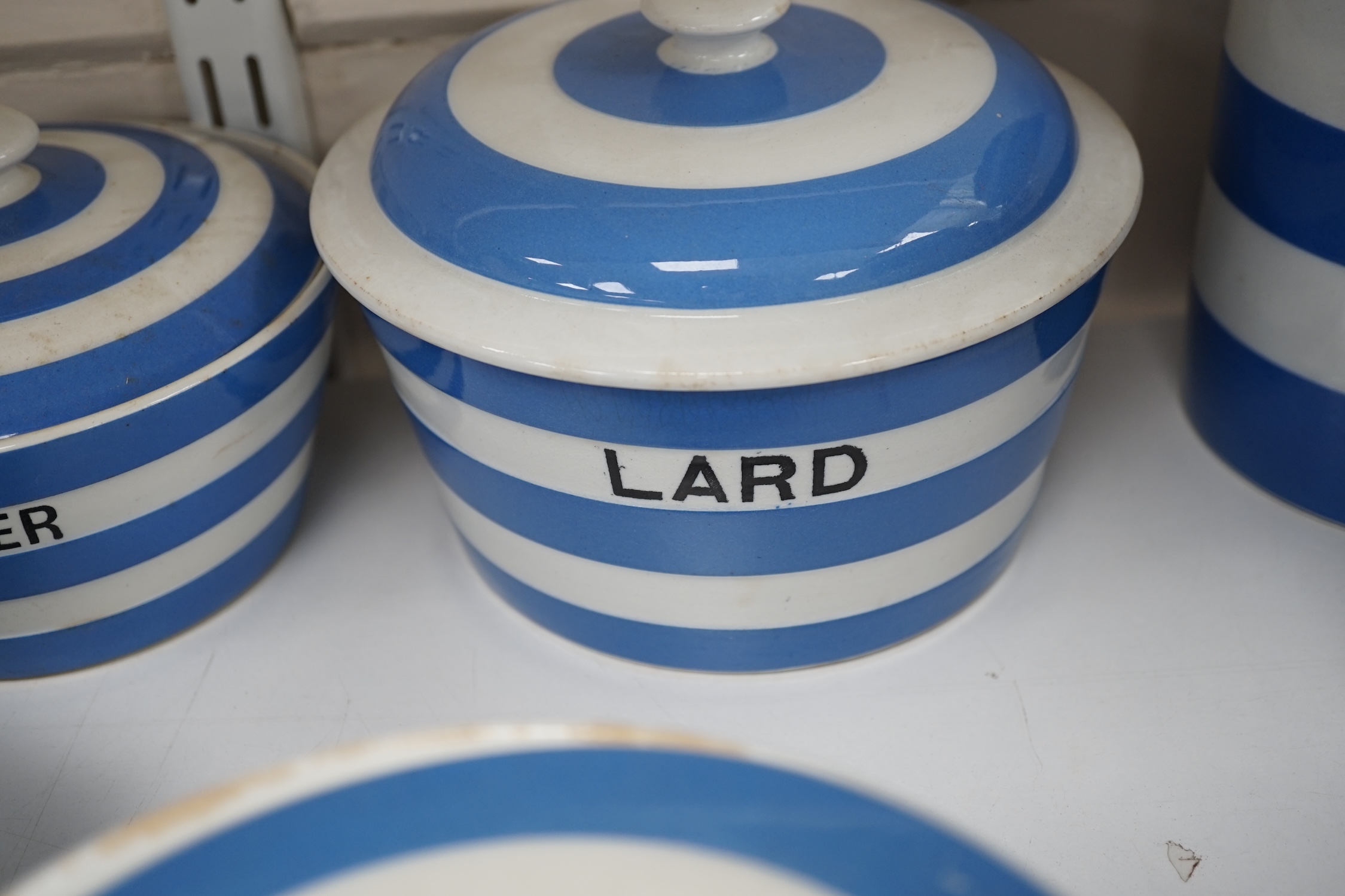 T.G.Green Cornish Kitchenware, eleven tea, coffee and hot water pots, two jugs, a salt pot, five Butter, Lard and Margarine lidded jars and one unnamed square jar, largest 20cm high, mixed marks. Condition - poor, fair a